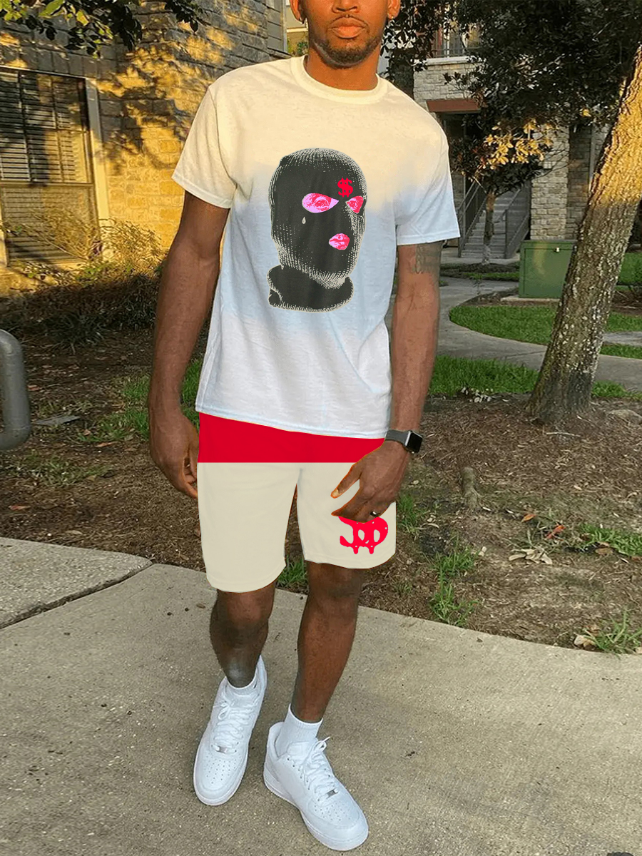 LW Men Masked Face Print Drawstring Shorts Set