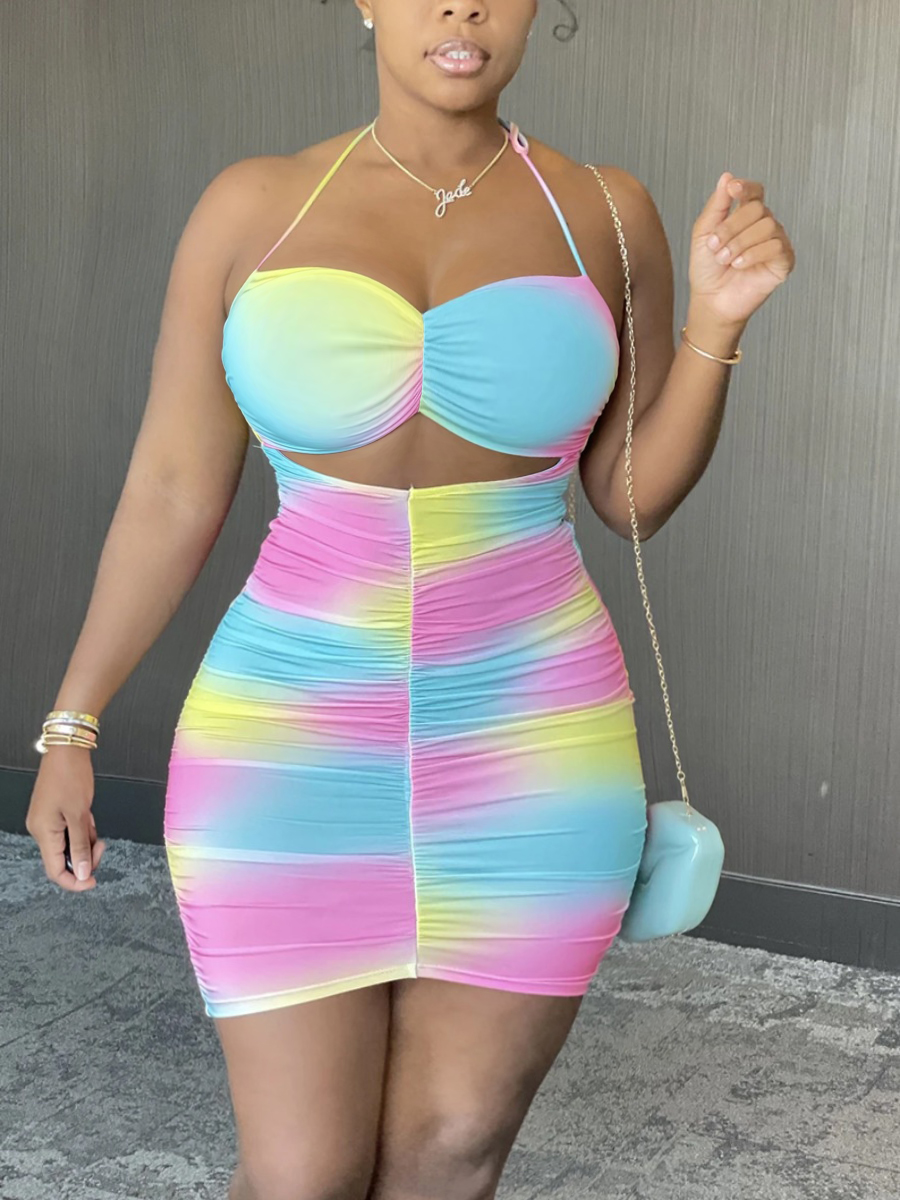 LW SXY Plus Size Tie-dye Backless Ruched Dress