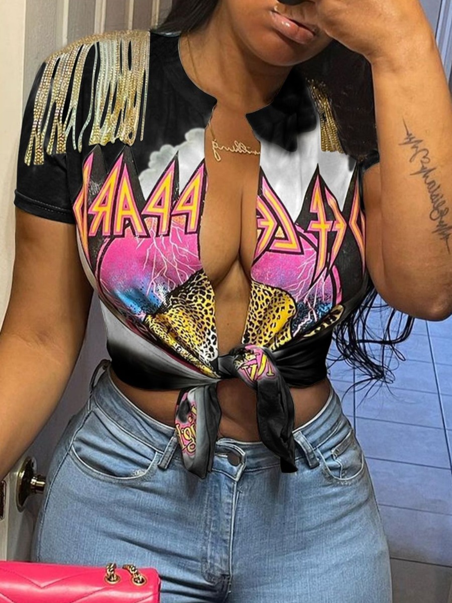 LovelyWholesale Letter Print Split Tassel Lace-up Design T-shirt Summer Short Sleeve Street Round Neck Spring Summer 2024