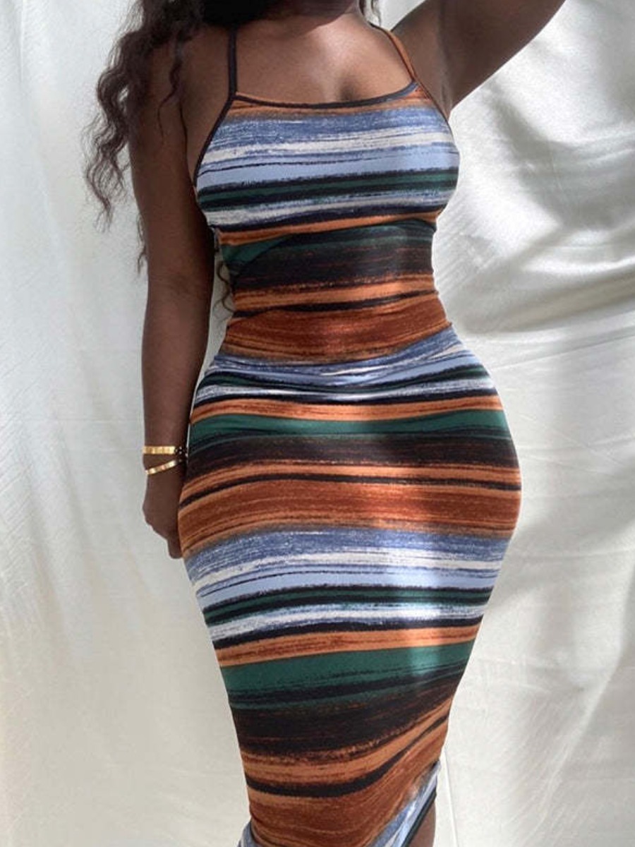 LW SXY Plus Size Striped Backless Bodycon Dress