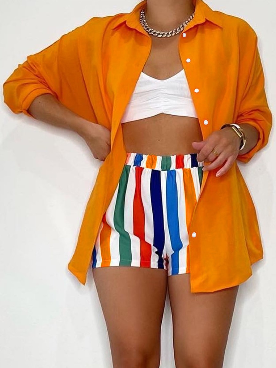 LW Turndown Collar Striped Shorts Set (Without Cam