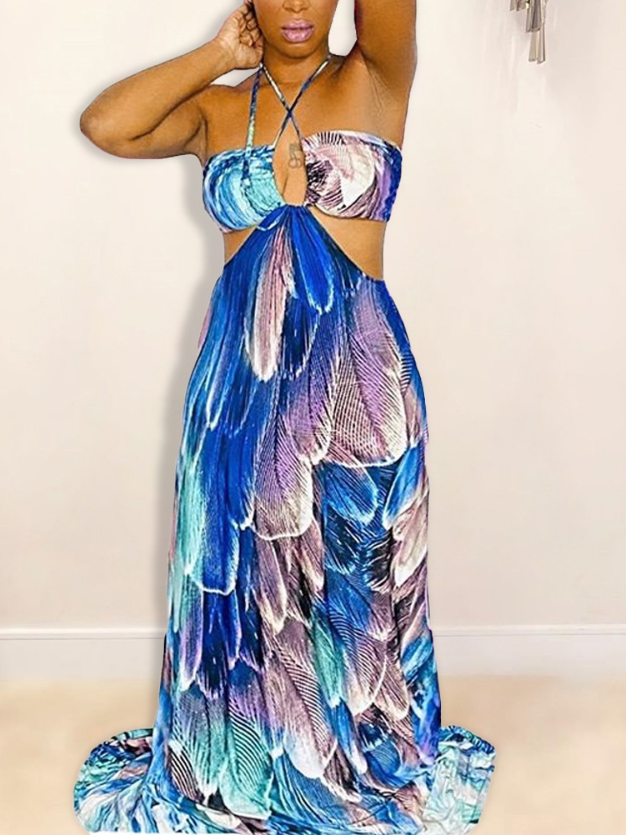LW Feather Print Backless Dress