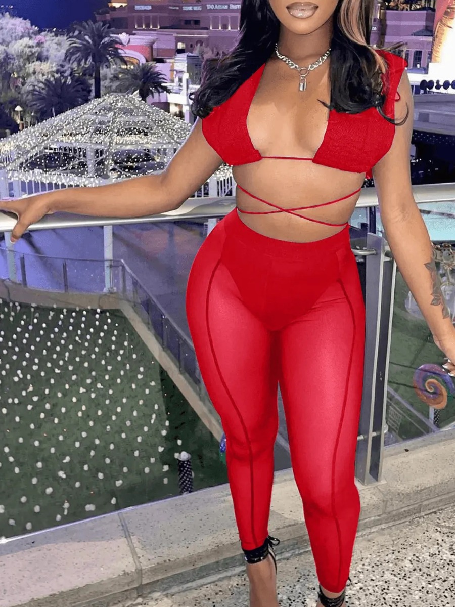 LovelyWholesale SXY Crop Top See-through Pants Set Spring Sleeveless Sxy Bandage Design Square Collar Spring Summer 2024
