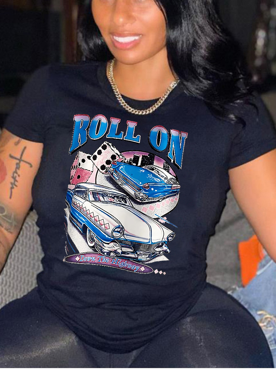 LovelyWholesale Racing Car Letter Print T-shirt Summer Short Sleeve Casual Pattern Round Neck Spring Summer 2024