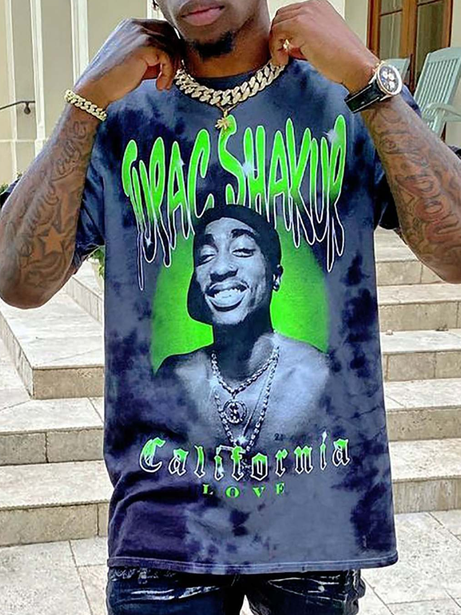 LovelyWholesale Men Figure Letter Print Tie-dye T-shirt Summer Short Sleeve Street Pullovers Round Neck Spring Summer 2024