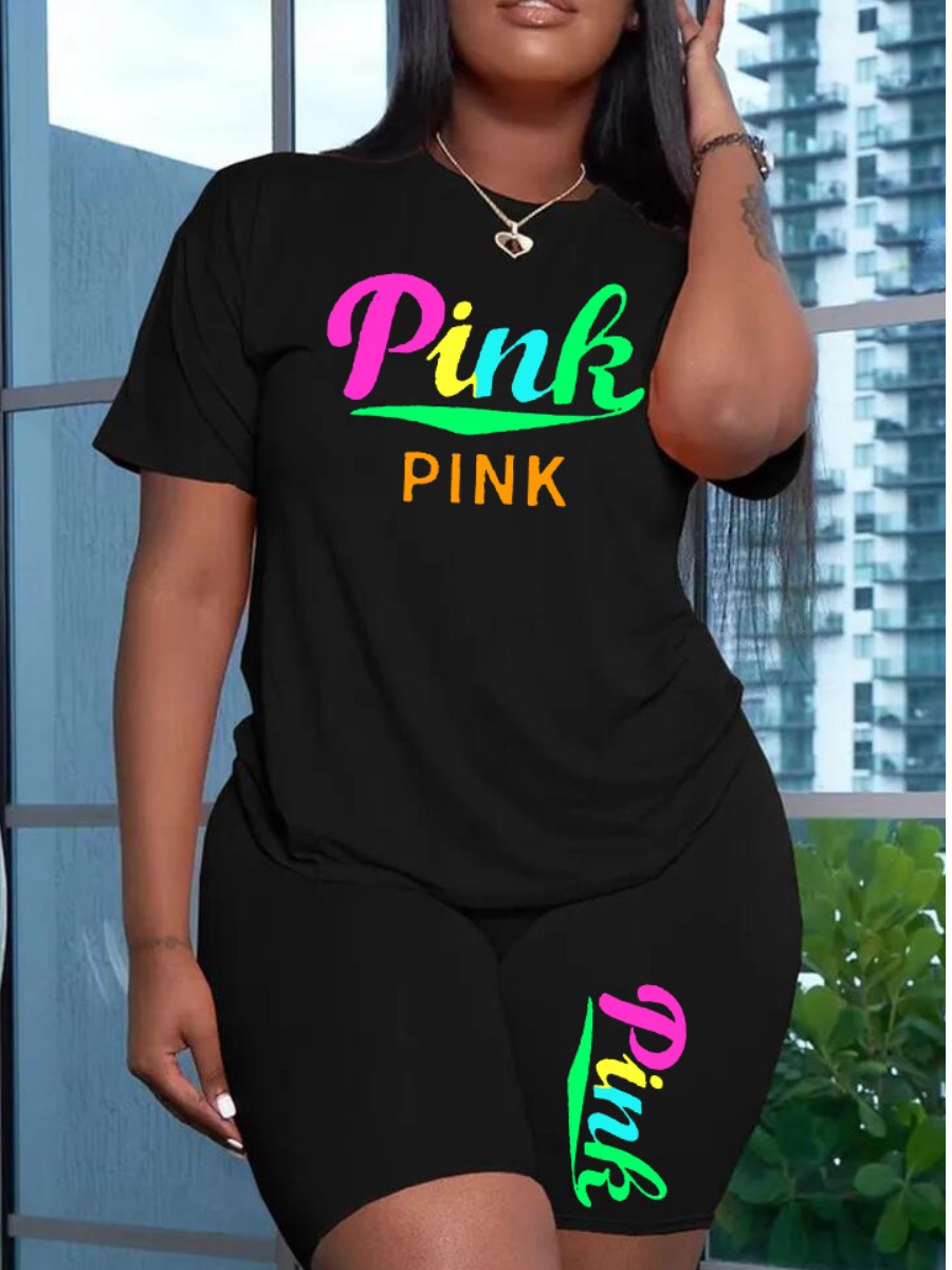 LW Plus Size Pink Letter Print Shorts Set