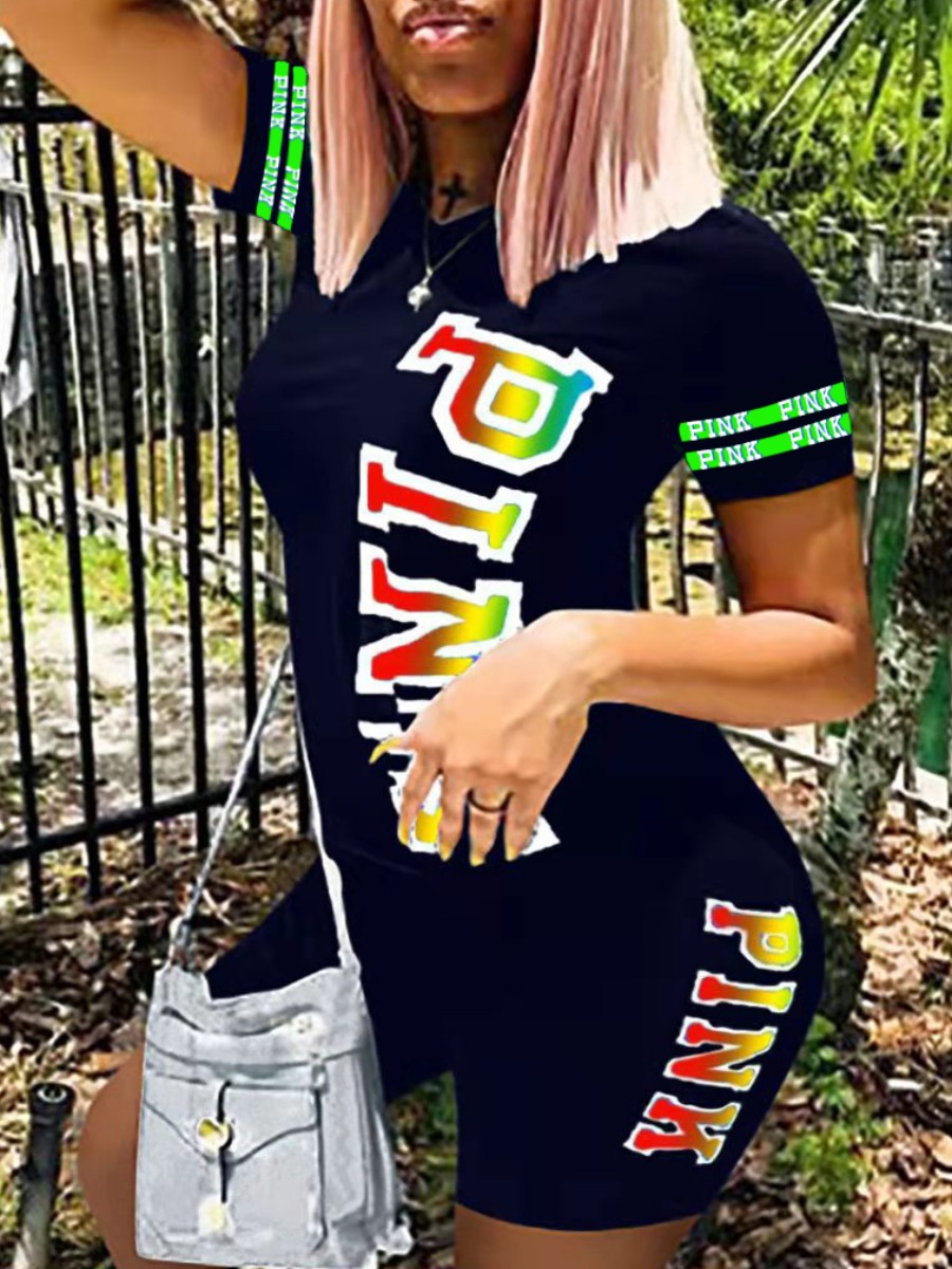 LW Plus Size Pink Letter Rainbow Print Shorts Set