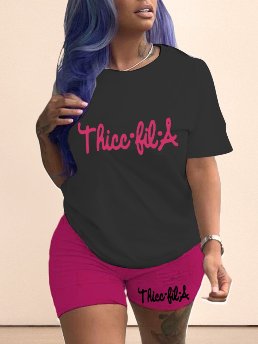 LovelyWholesale Plus Size Round Neck Letter Print Shorts Set Summer Short Sleeve Casual Round Neck  5X Spring Summer 2024