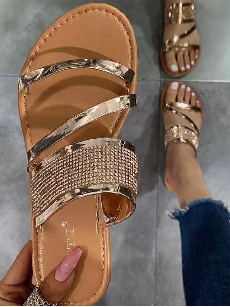 LovelyWholesale Round Toe Rhinestone Slides Summer Casual Rhinestone Spring Summer 2024