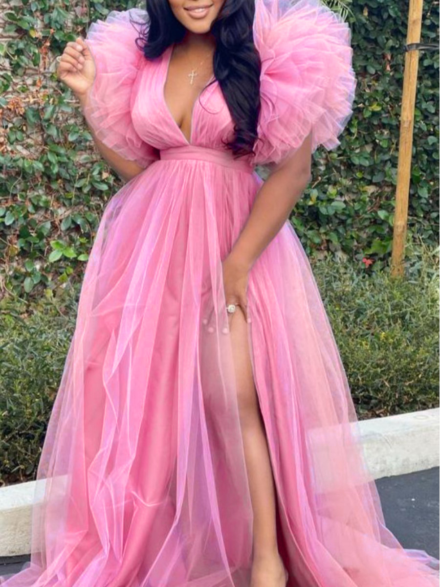 LovelyWholesale Plus Size Gauze Thigh Slit A Line Prom Dress All Seasons Short Sleeve Elegant V Neck Spring Summer 2024