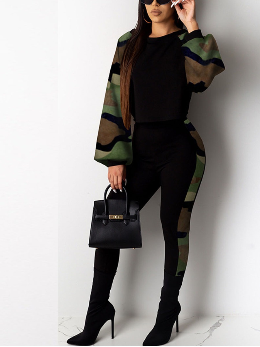 LW Round Neck Camo Print Pants Set
