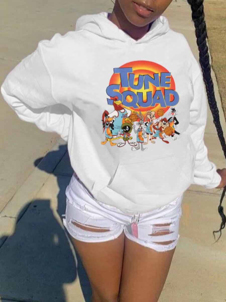 LW Cartoon Letter Print Kangaroo Pocket Hoodie