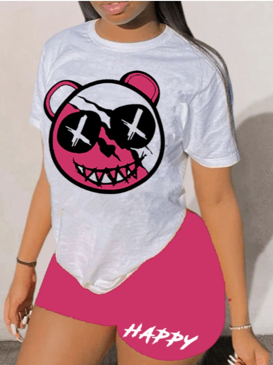 LovelyWholesale Cartoon Letter Print Shorts Set Summer Short Sleeve Casual Round Neck Spring Summer 2024