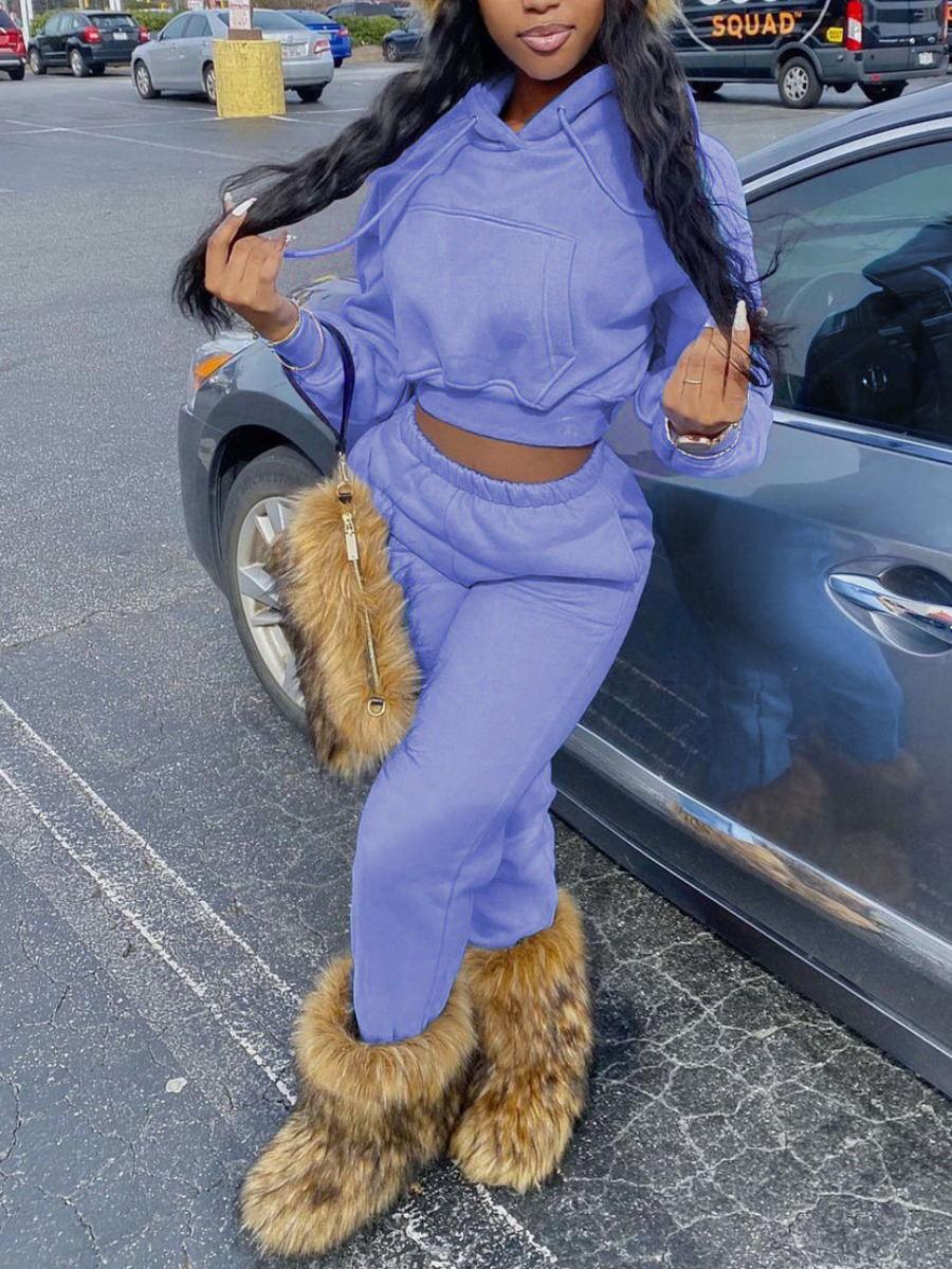 LW BASICS Hooded Collar Kangaroo Pocket Tracksuit Set