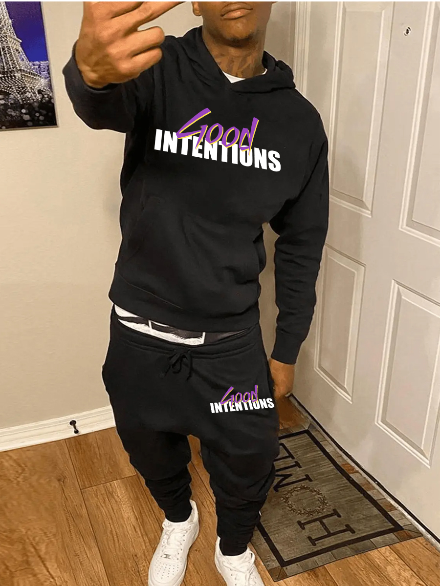 LW Men Letter Print Kangaroo Pocket Tracksuit Set