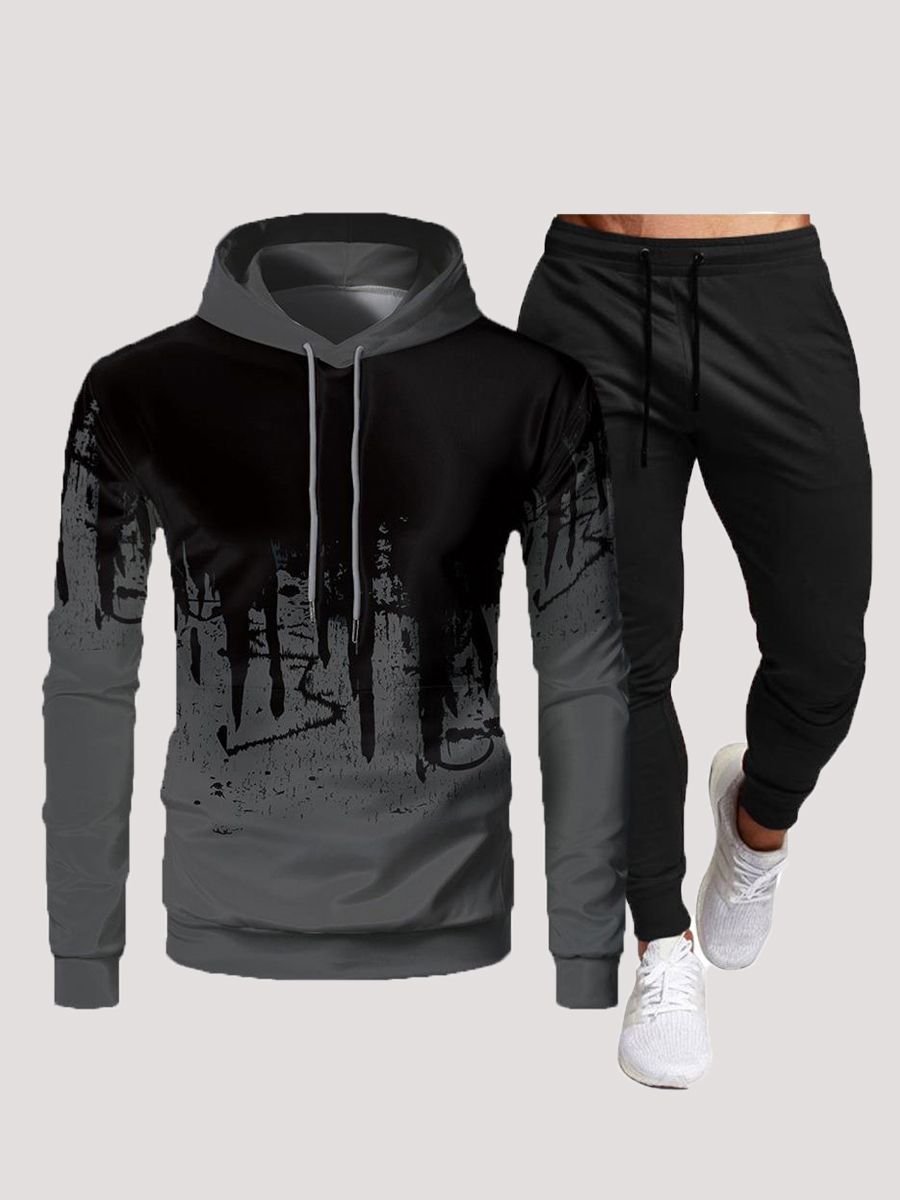 LovelyWholesale COTTON Men Hooded Collar Gradent Drawstring Tracksuit Set Fall Long Sleeve Casual Graffiti Element Hooded Collar Spring Summer 2024