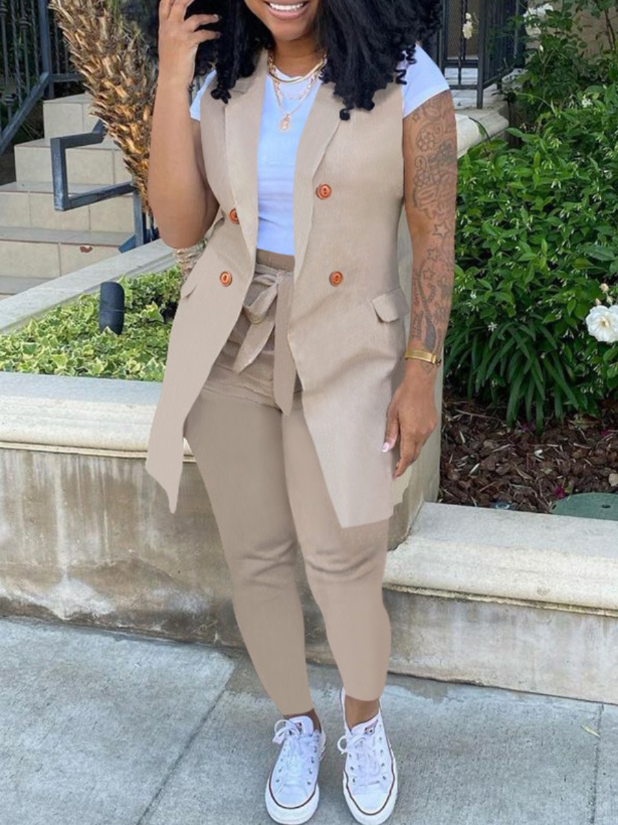 LovelyWholesale Double Breasted Bandage Design Blazer Pants Set Spring Sleeveless Casual Turndown Collar Spring Summer 2024