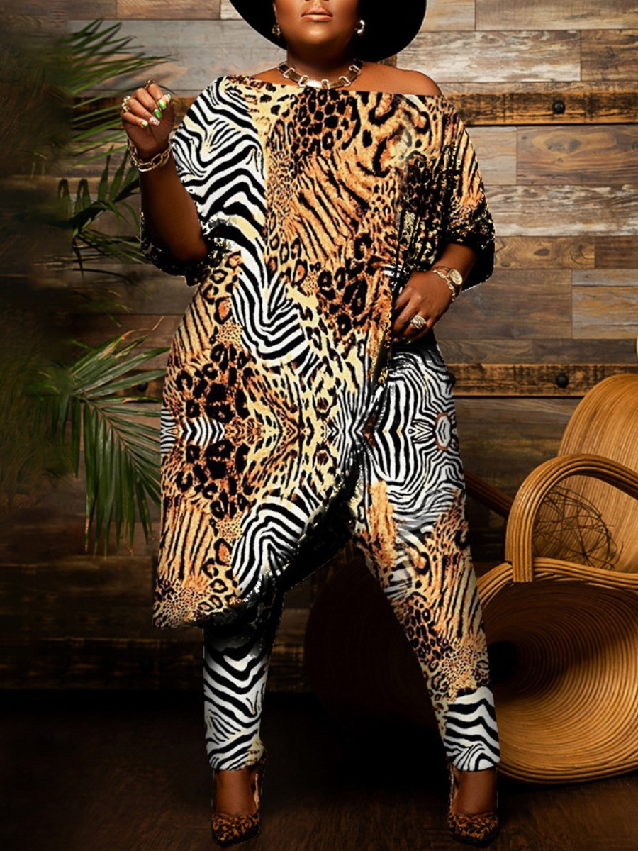 LW Plus Size Tiger Striped Asymmetrical Pants Set