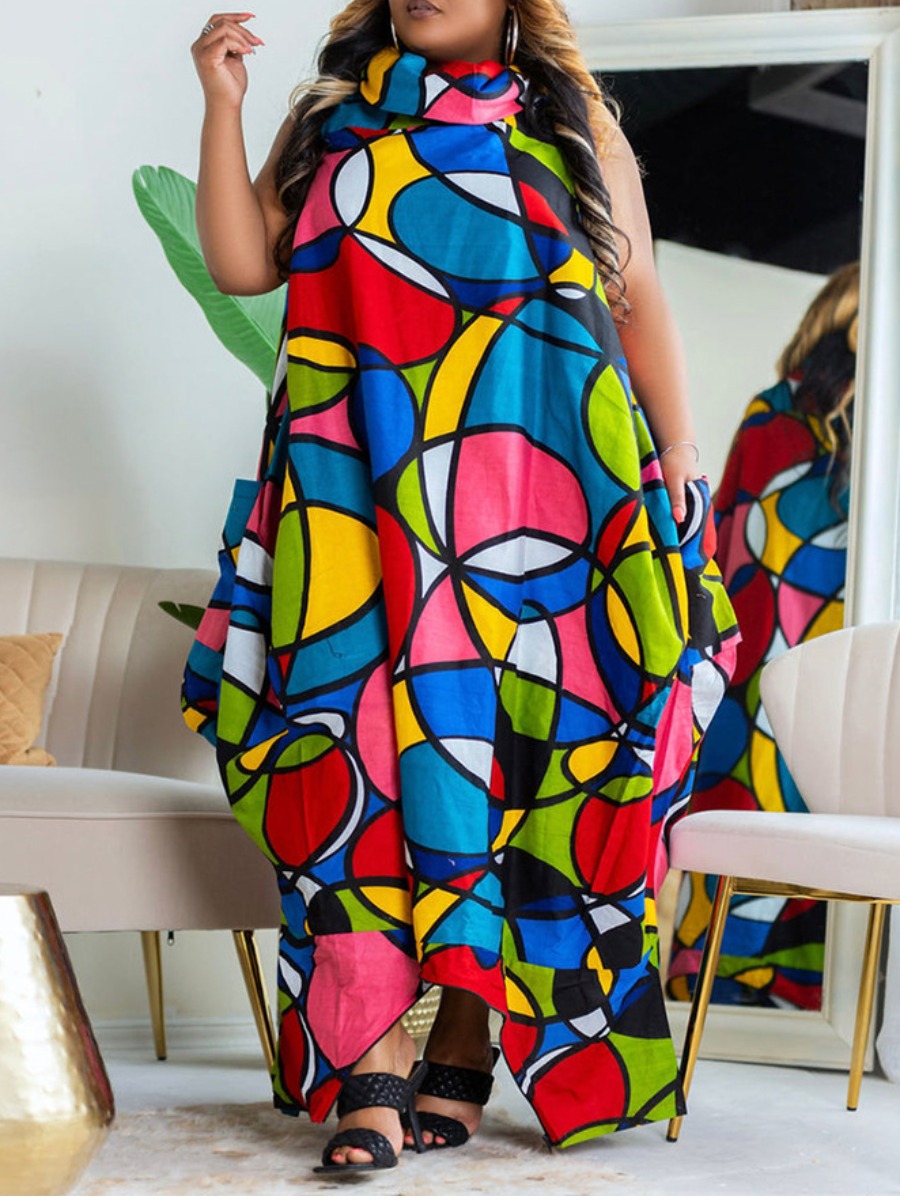 LW Plus Size Turtleneck Mixed Print A Line Loose D