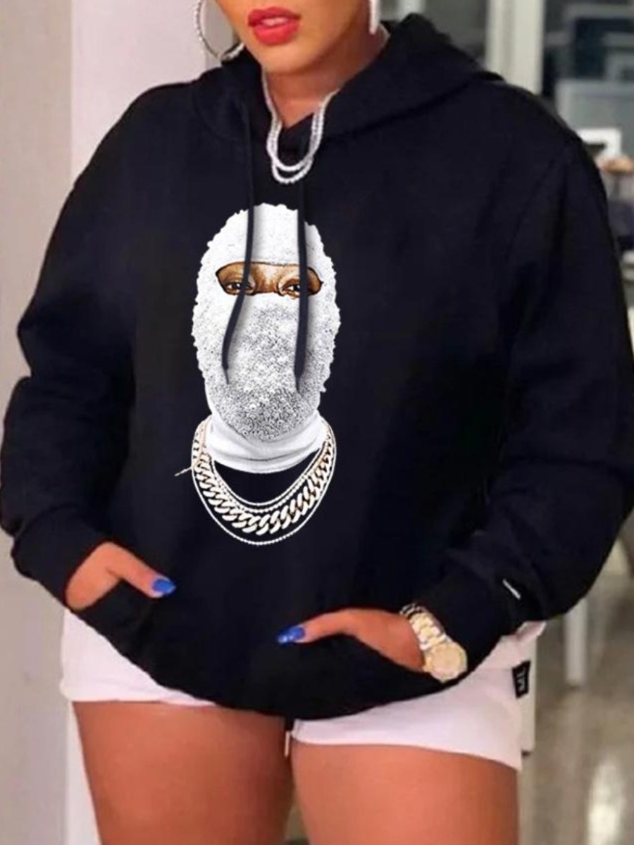 LW Plus Size Masked Face Print Kangaroo Pocket Hoodie