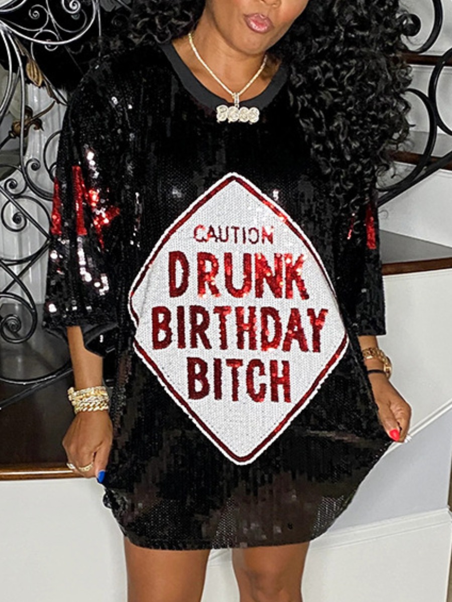 LW Letter Decor Sequined Loose Dress