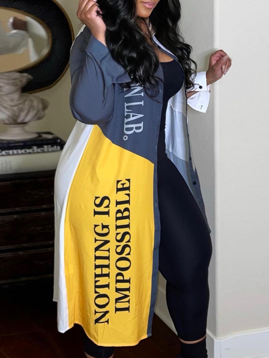 LovelyWholesale Plus Size Letter Print Patchwork Coat Fall Street Patchwork Shirt collar  2X Spring Summer 2024