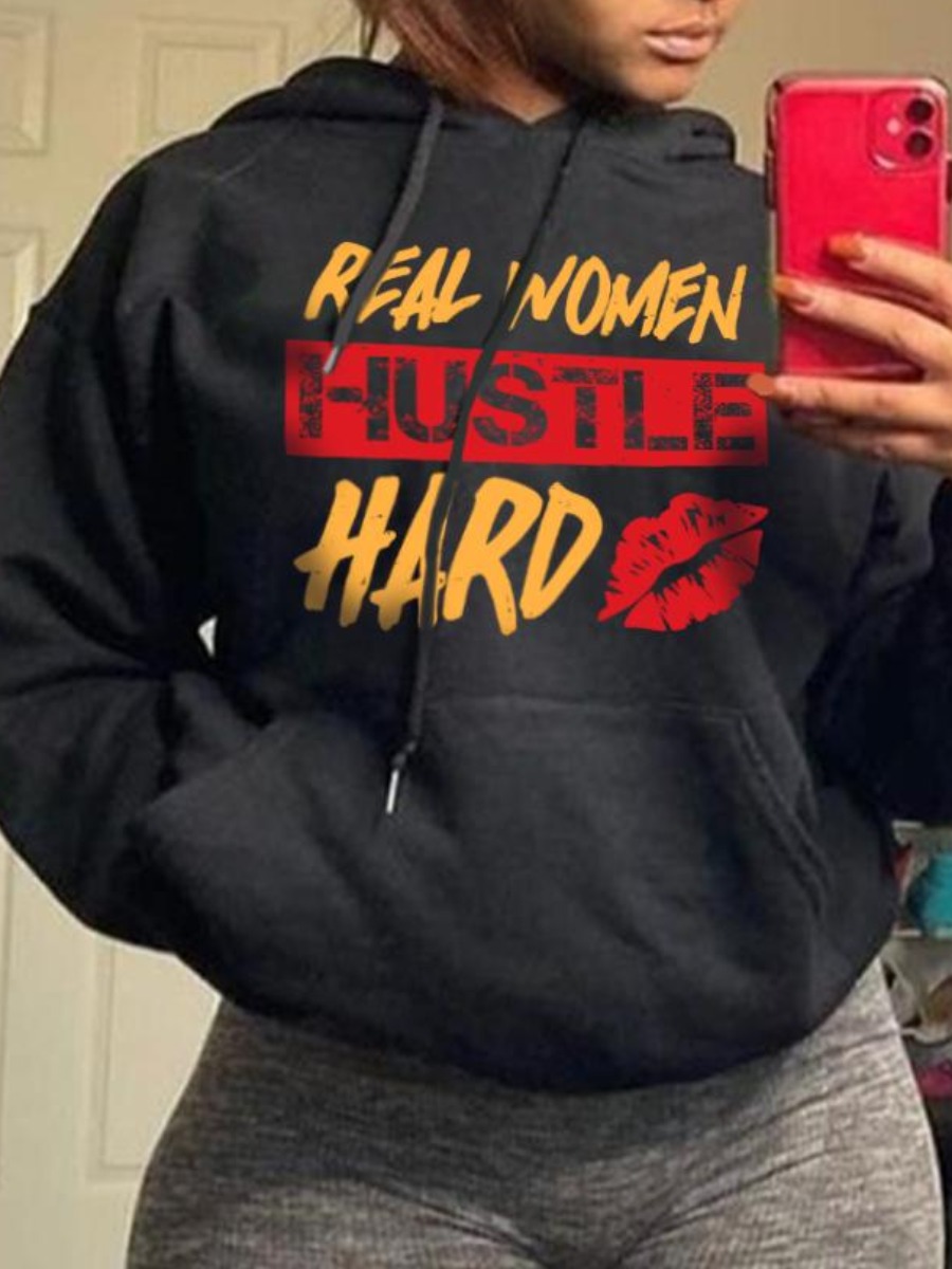 LovelyWholesale Hustle Hard Lip Letter Print Hoodie Fall Long Sleeve Casual Hooded Collar Spring Summer 2024