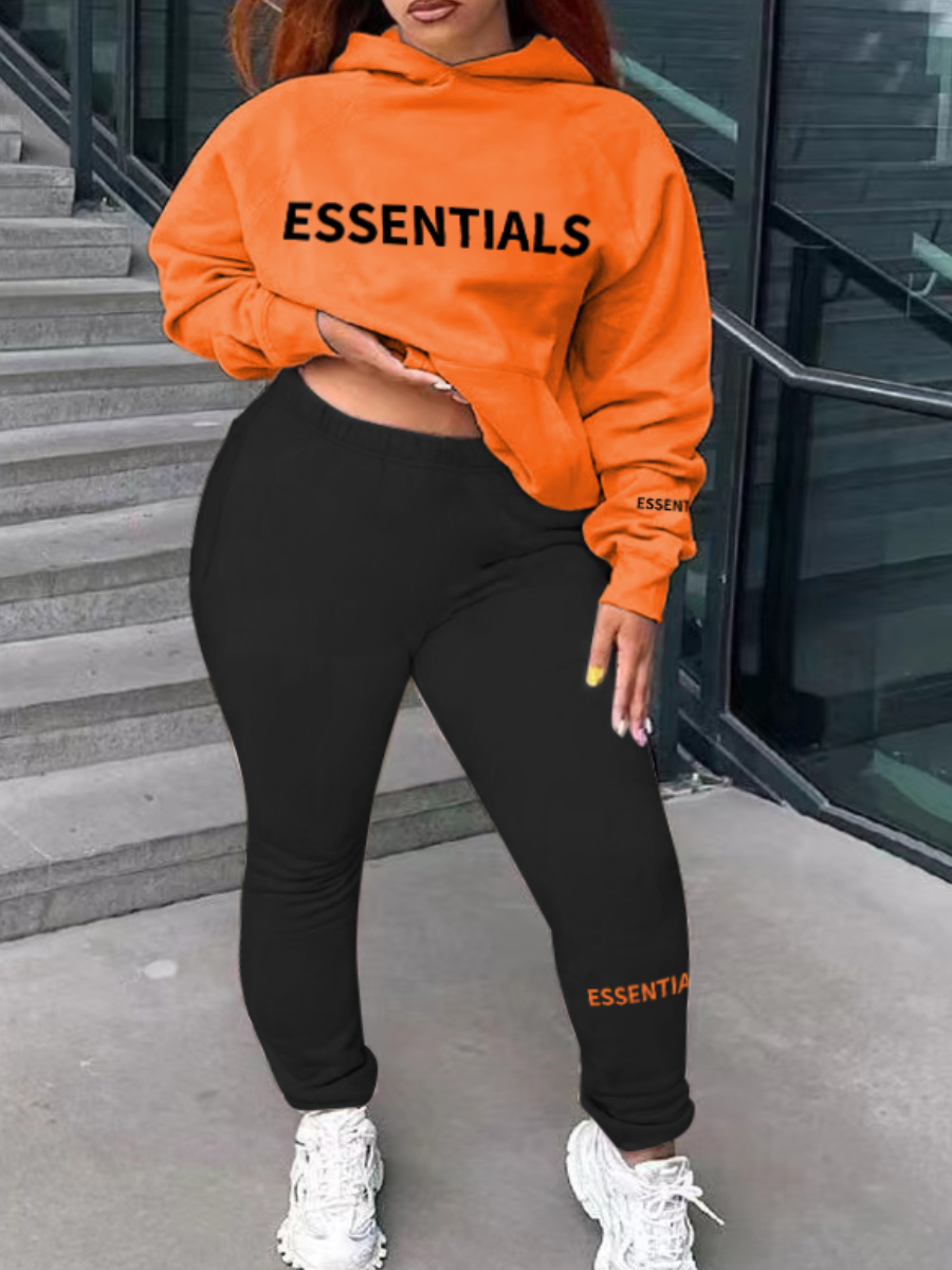 LW Plus Size Essentials Letter Print Kangaroo Pocket Tracksuit Set