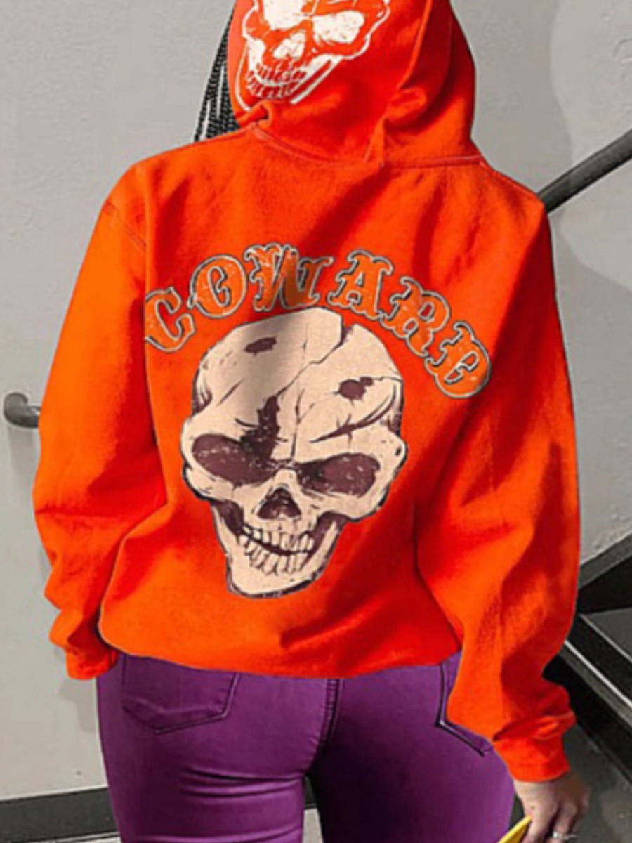 LW Plus Size Skull Head Letter Print Kangaroo Pocket Hoodie