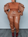 LW Plus Size Faux Leather Puff Sleeve Drawstring Pants Set
