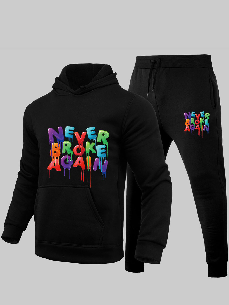 LW Men Letter Print Kangaroo Pocket Tracksuit Set