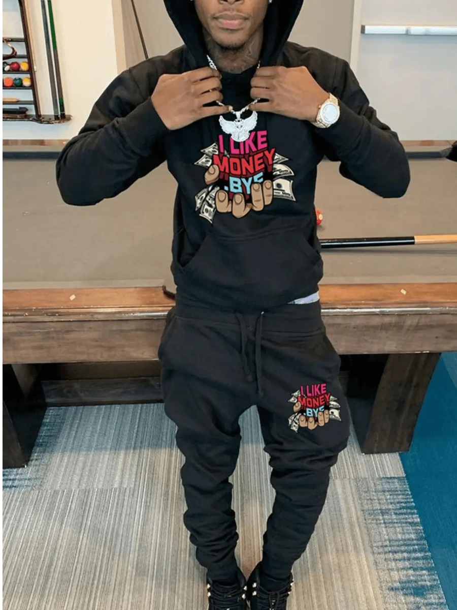 LovelyWholesale Men Money Letter Print Tracksuit Set Fall Long Sleeve Casual Hooded Collar Spring Summer 2024