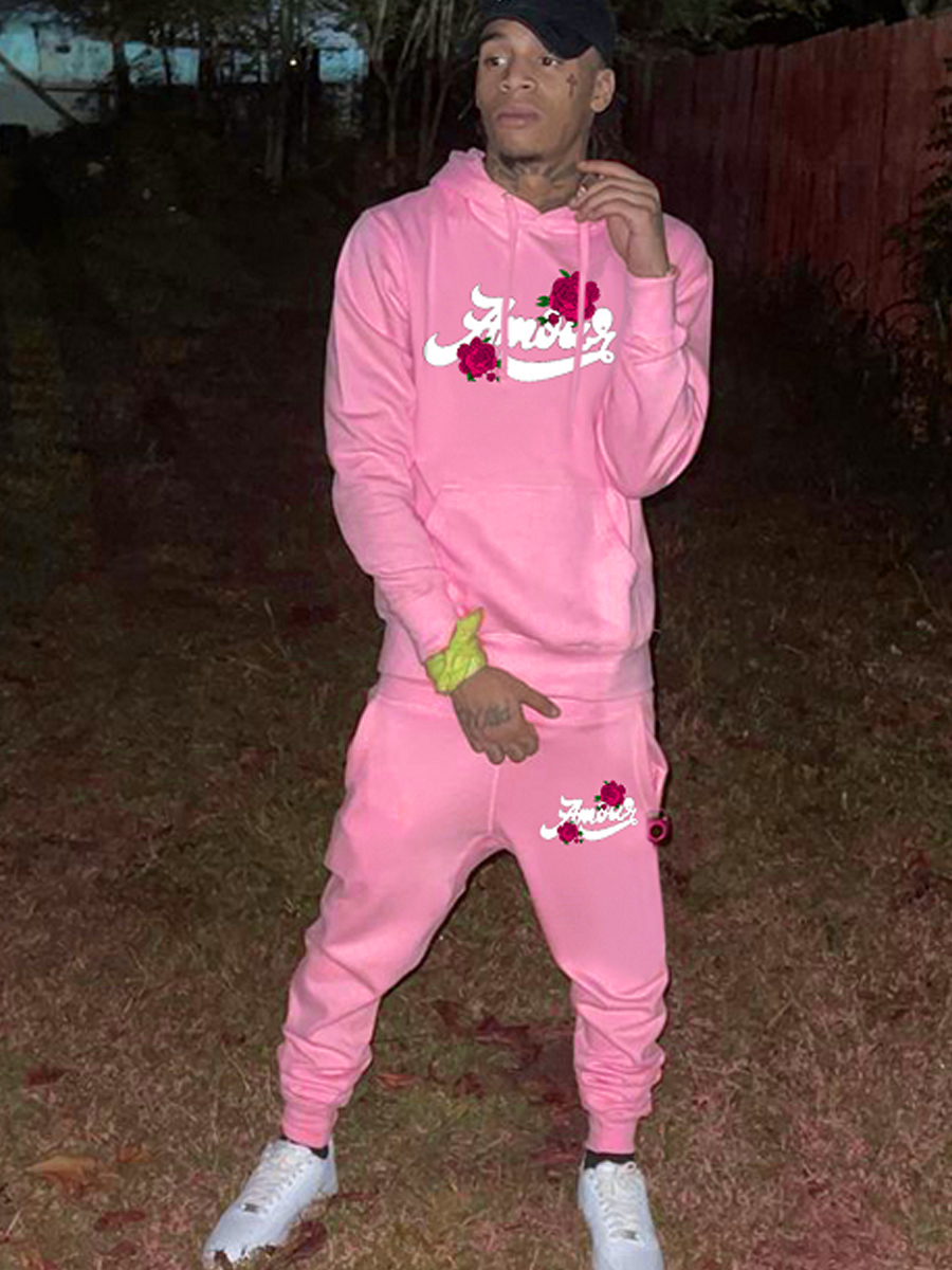 LovelyWholesale Men Rose Flower Letter Print Kangaroo Pocket Tracksuit Set Fall Casual Spring Summer 2024