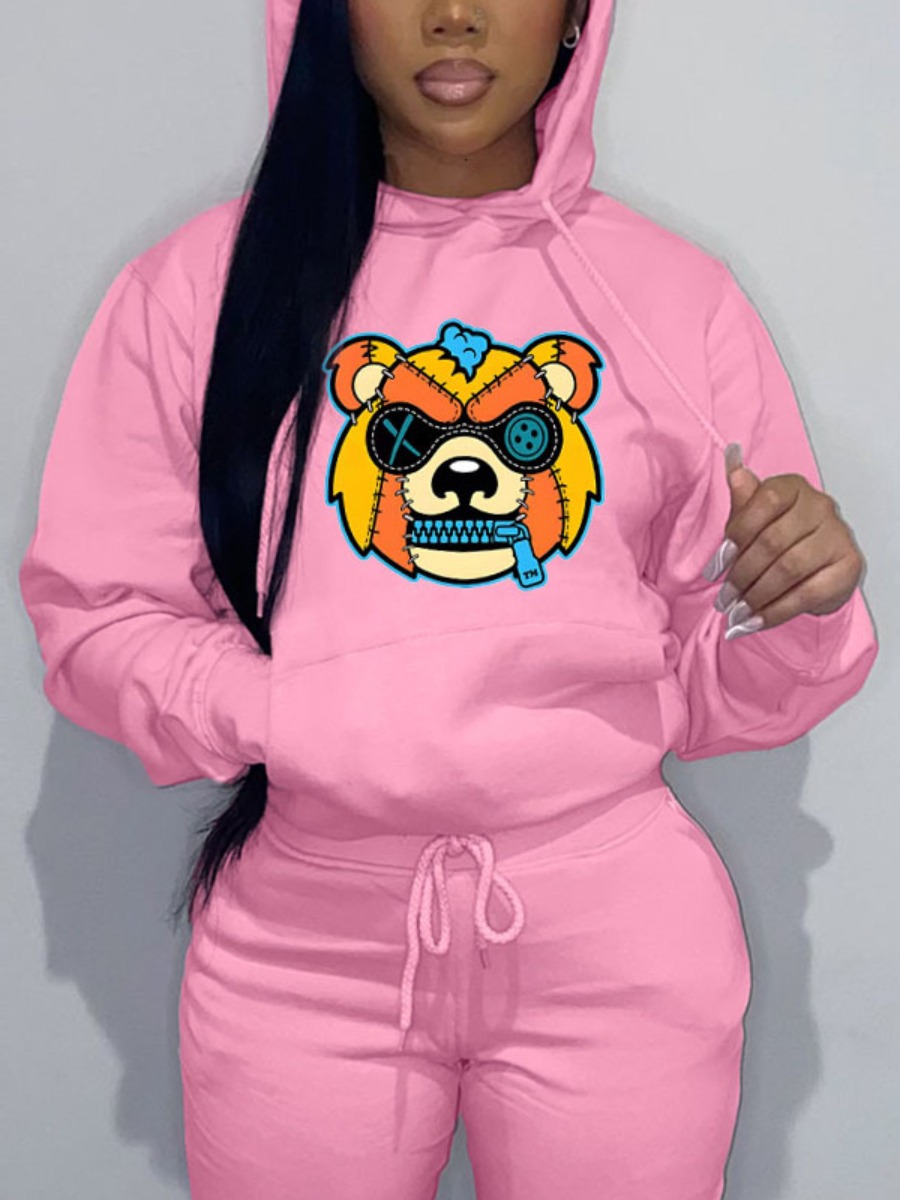 LW Plus Size Cartoon Print Kangaroo Pocket Hoodie