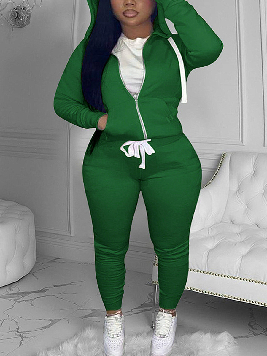 LW BASICS Plus Size Letter Print Kangaroo Pocket Tracksuit Set