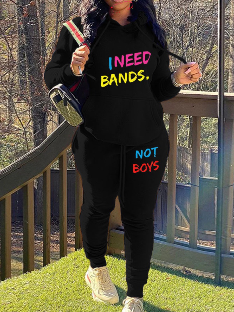 LovelyWholesale Letter Print Kangaroo Pocket Tracksuit Set Fall Long Sleeve Street Hooded Collar Spring Summer 2024