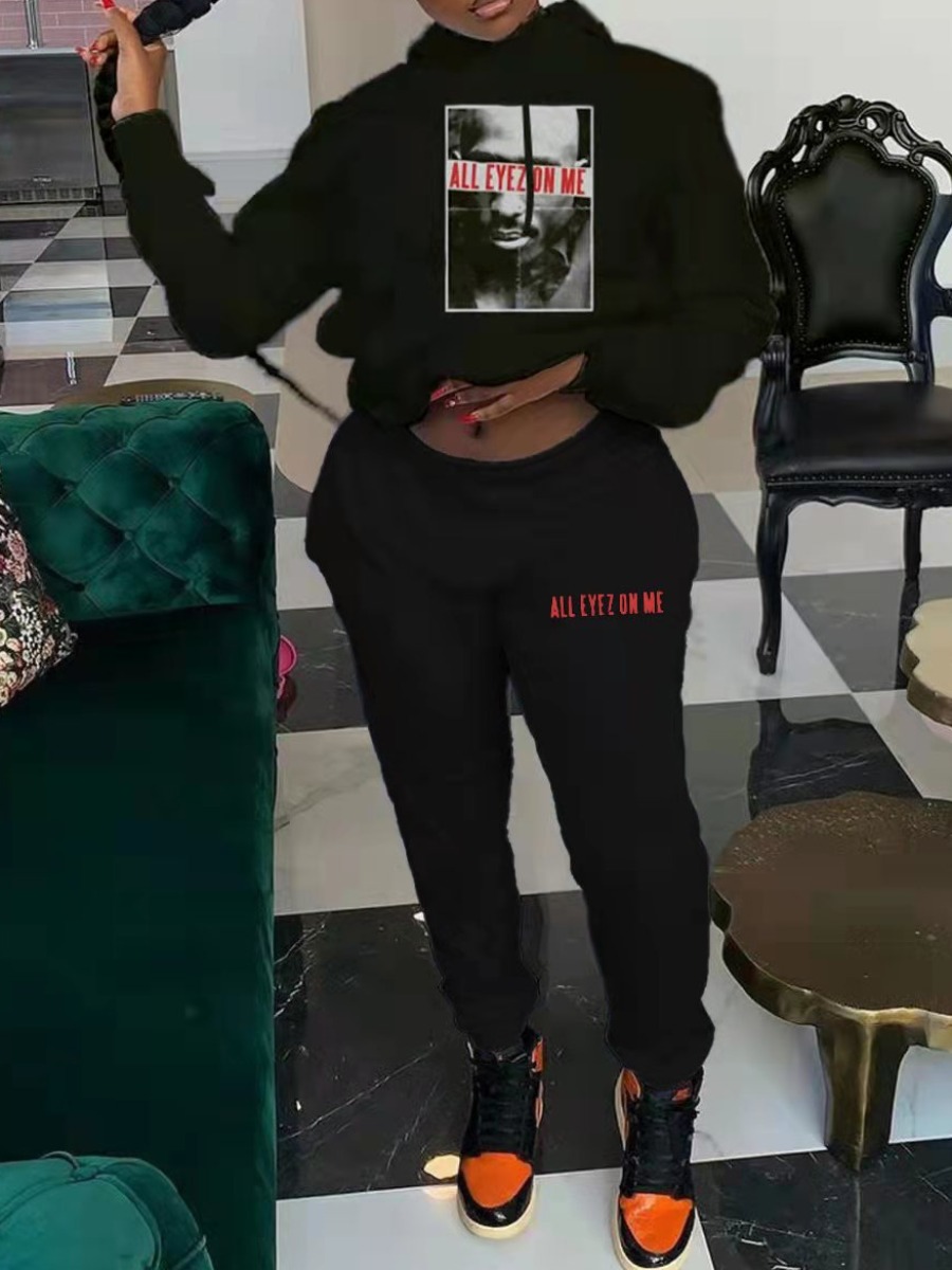 LW Plus Size Fleece Figure Letter Print Tracksuit 