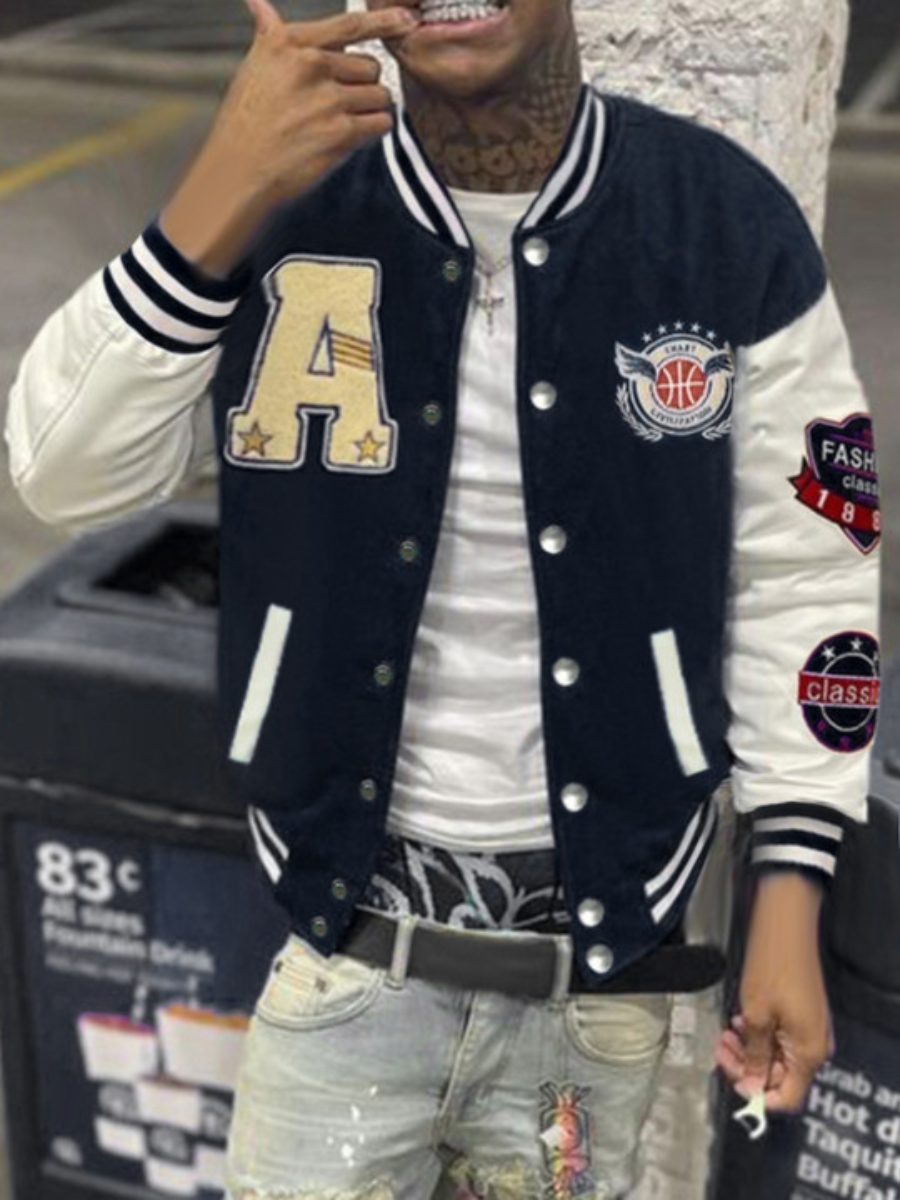 LW Men Letter Decor Striped Varsity Jacket