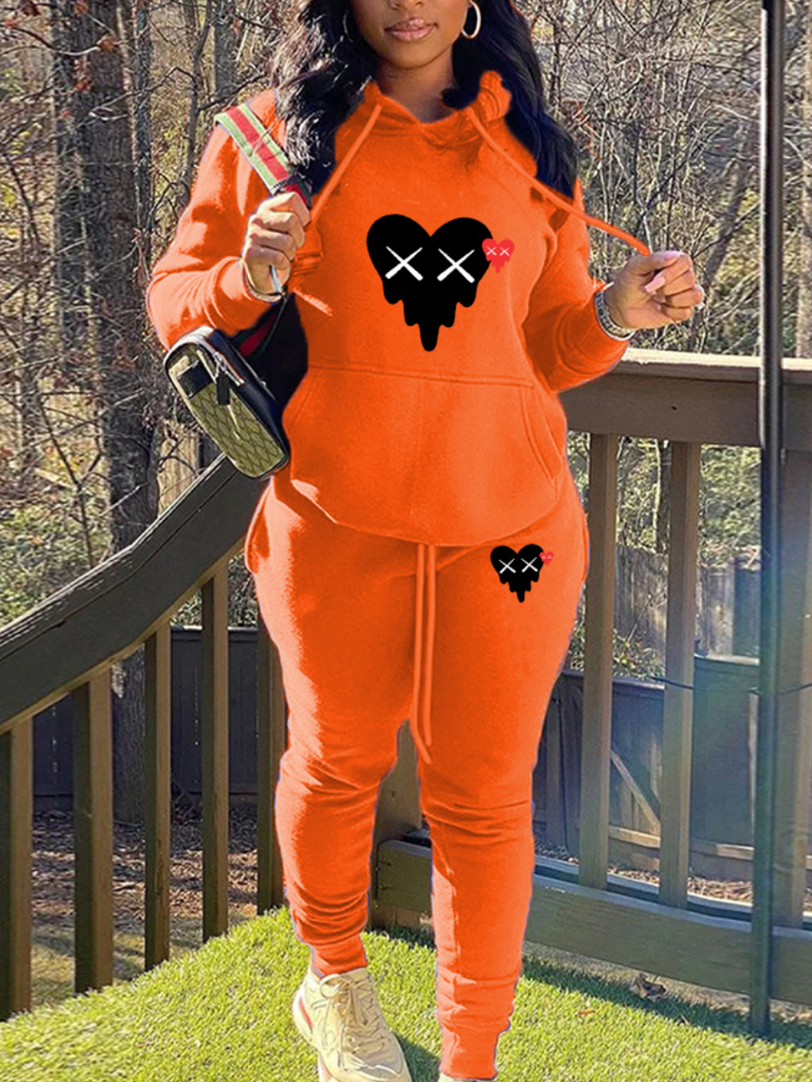 LW Plus Size Fleece Heart Print Kangaroo Pocket Tracksuit Set