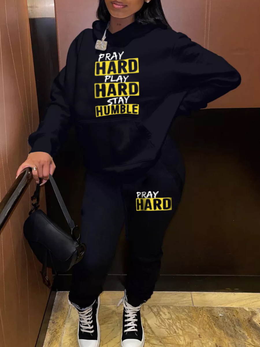 LW Letter Print Kangaroo Pocket Tracksuit Set