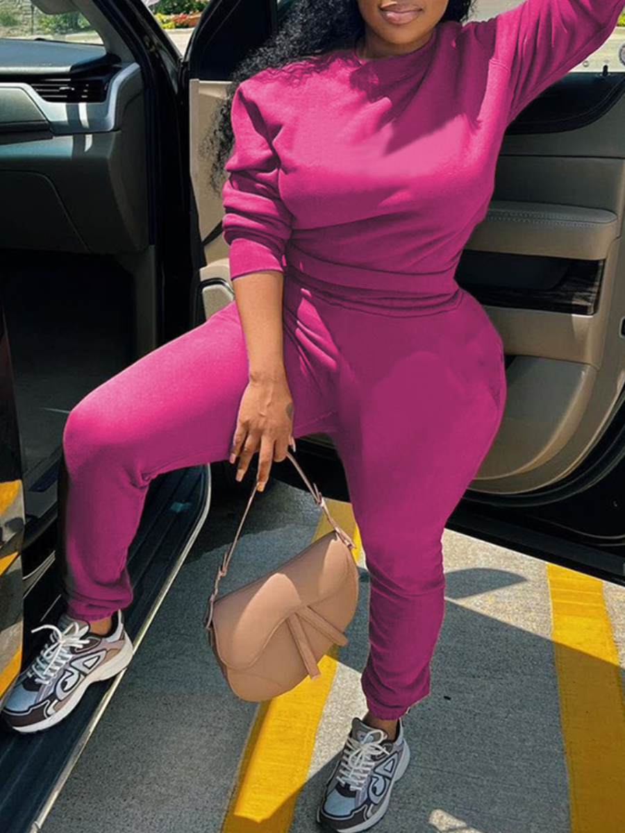 LW BASICS Plus Size Fleece Round Neck Pocket Design Pants Set