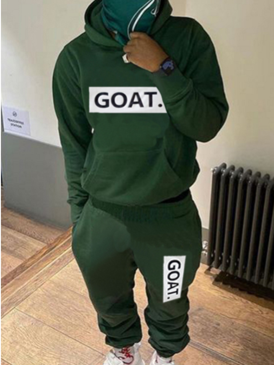 LW Men Goat Letter Print Kangaroo Pocket Tracksuit Set