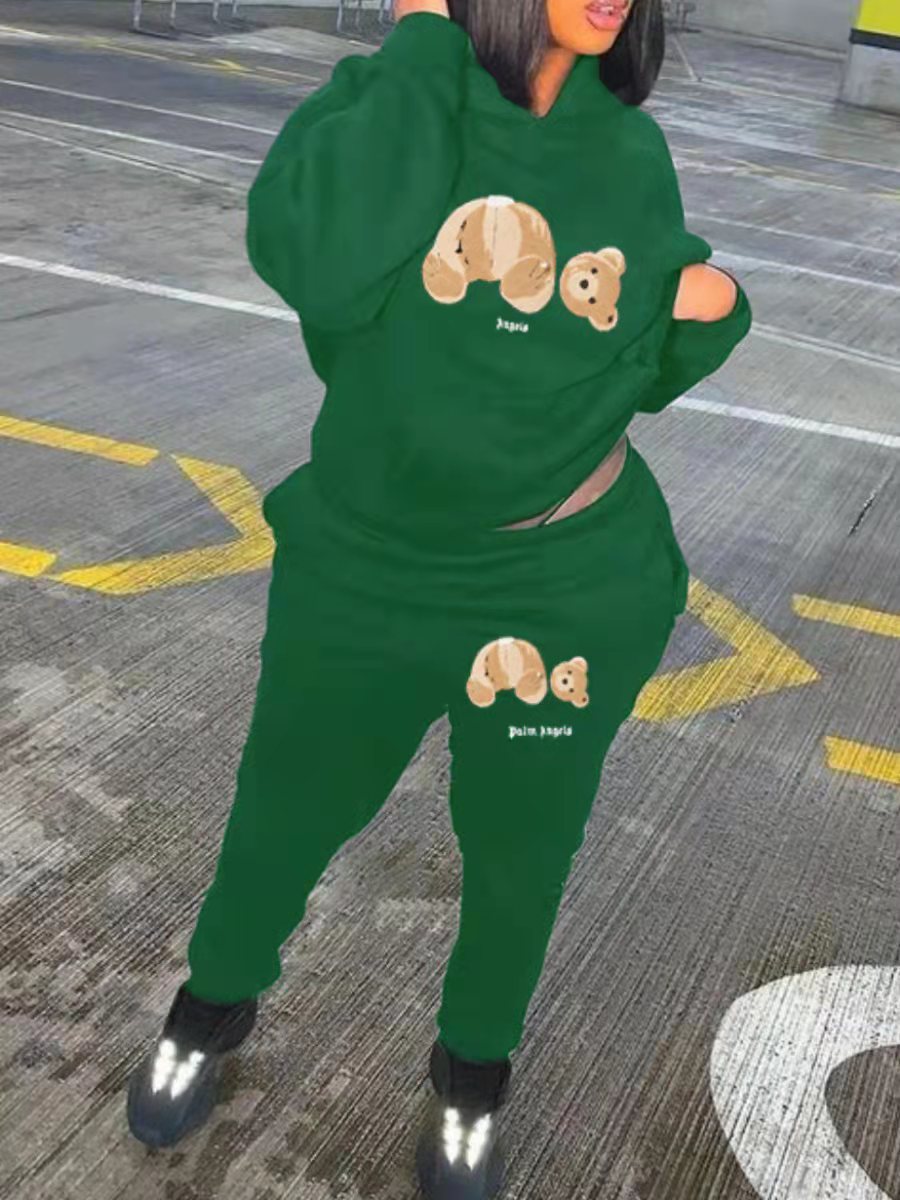 LW Plus Size Cartoon Print Kangaroo Pocket Tracksuit Set