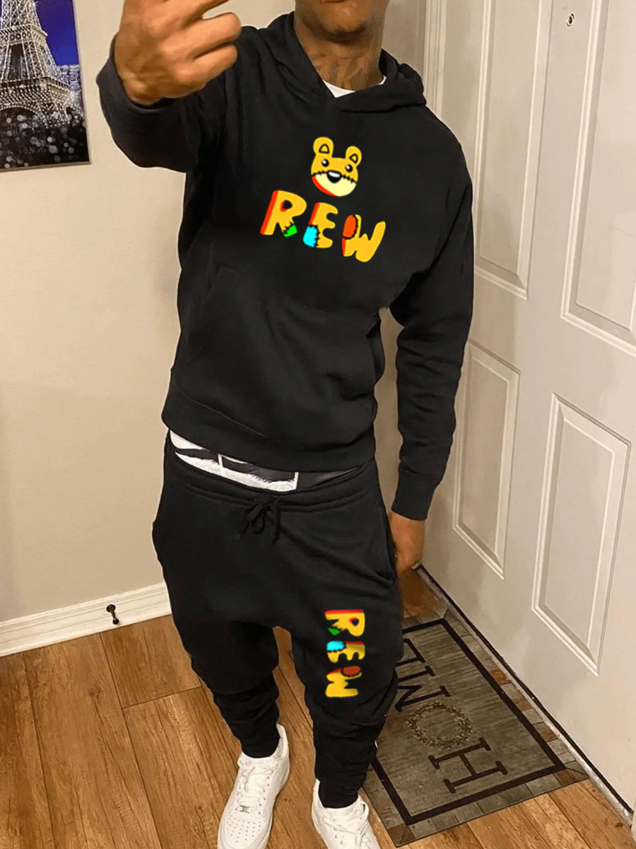 LW Men Letter Print Kangaroo Pocket Tracksuit Set