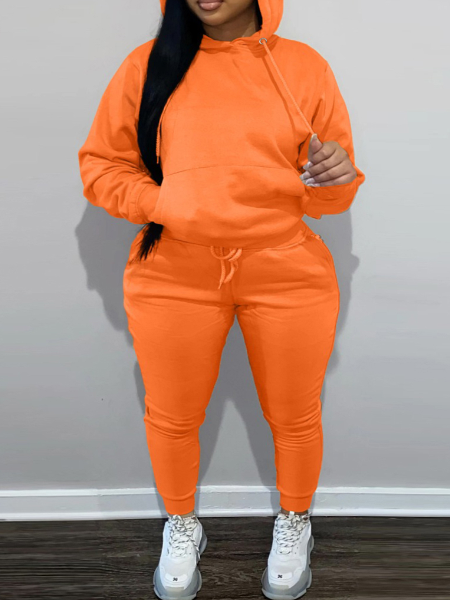 LW BASICS Plus Size Hooded Collar Kangaroo Pocket Tracksuit Set