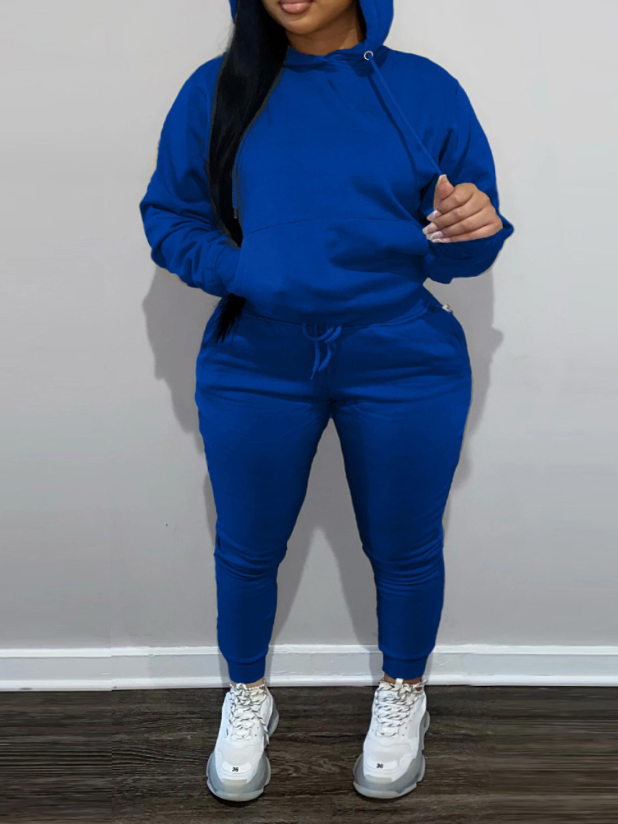 LW BASICS Plus Size Hooded Collar Kangaroo Pocket Tracksuit Set