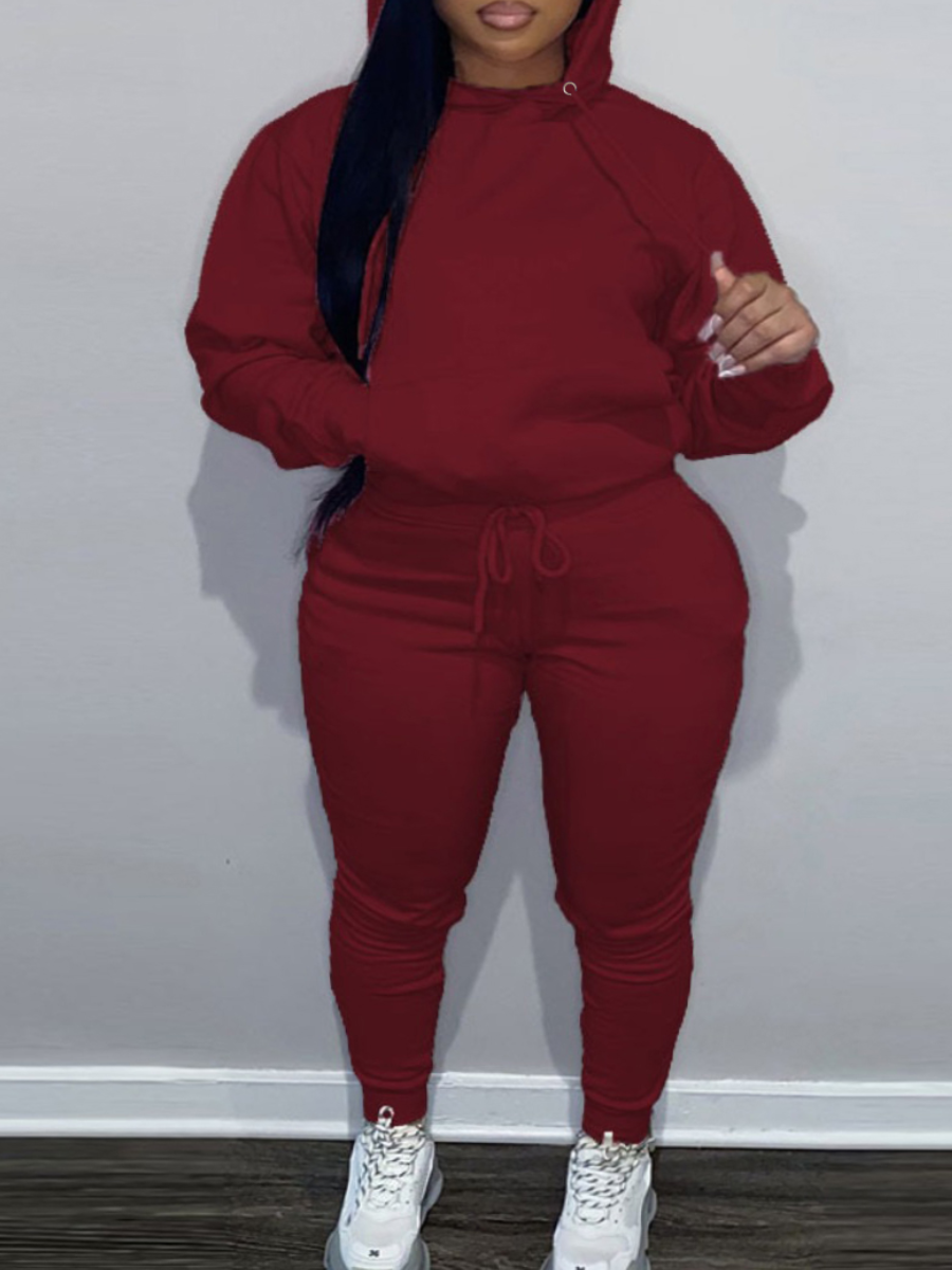 LW BASICS Plus Size Kangaroo Pocket Drawstring Tracksuit Set