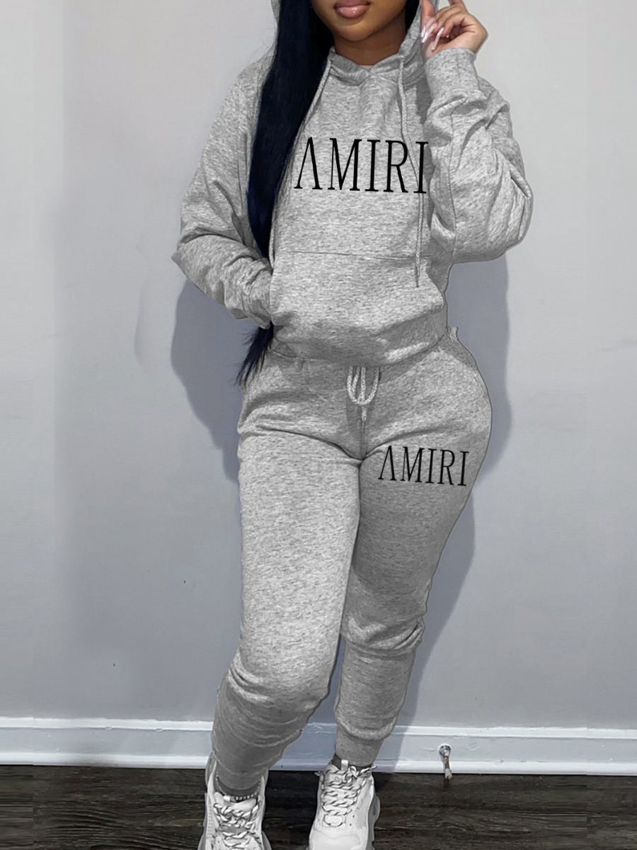LW Plus Size Letter Print Kangaroo Pocket Tracksuit Set