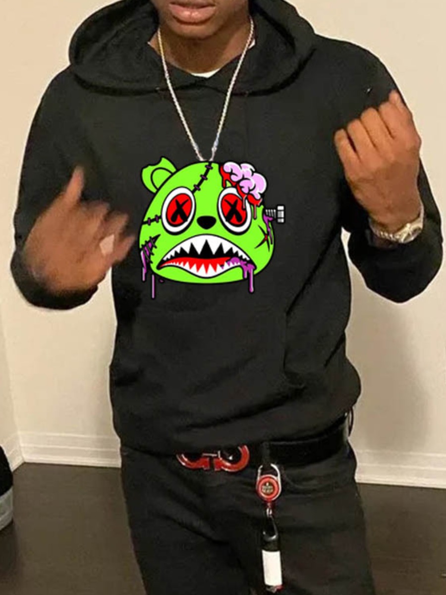 LW Men Cartoon Print Kangaroo Pocket Hoodie