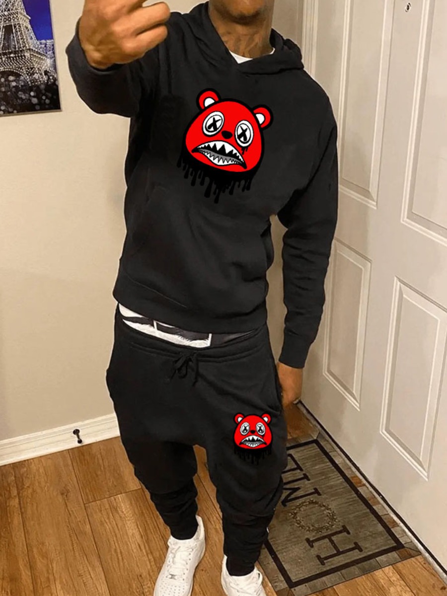 LW Men Cartoon Print Kangaroo Pocket Tracksuit Set